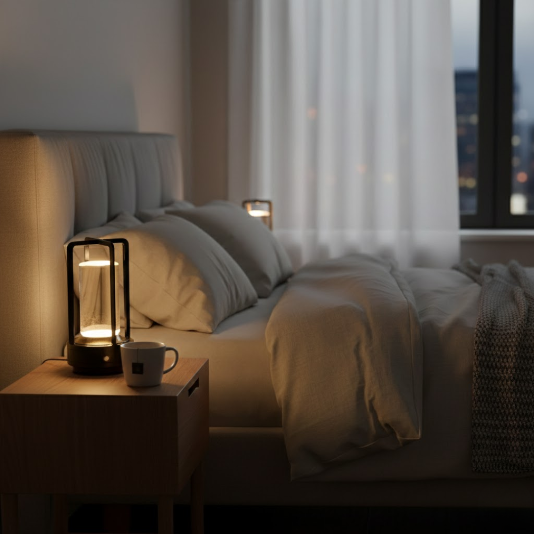 Trådløs sølv LED bordlampe m. justerbar lysstyrke, indendørs hyggebelysning. Dekorativt touch design.