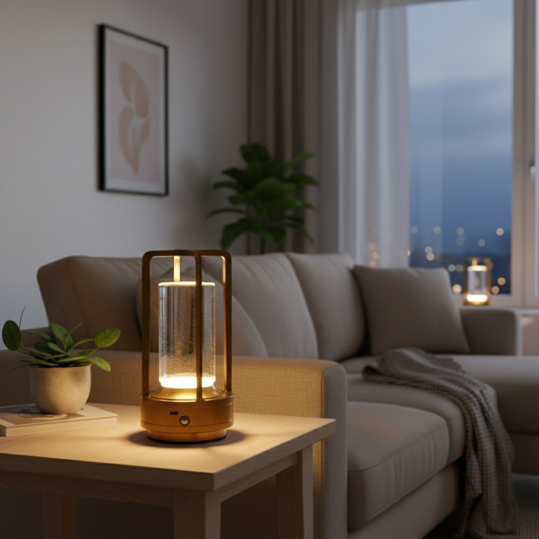 Sort LED bordlampe m. touch, justerbar og trådløs for hyggelig indendørs belysning. Moderne design.