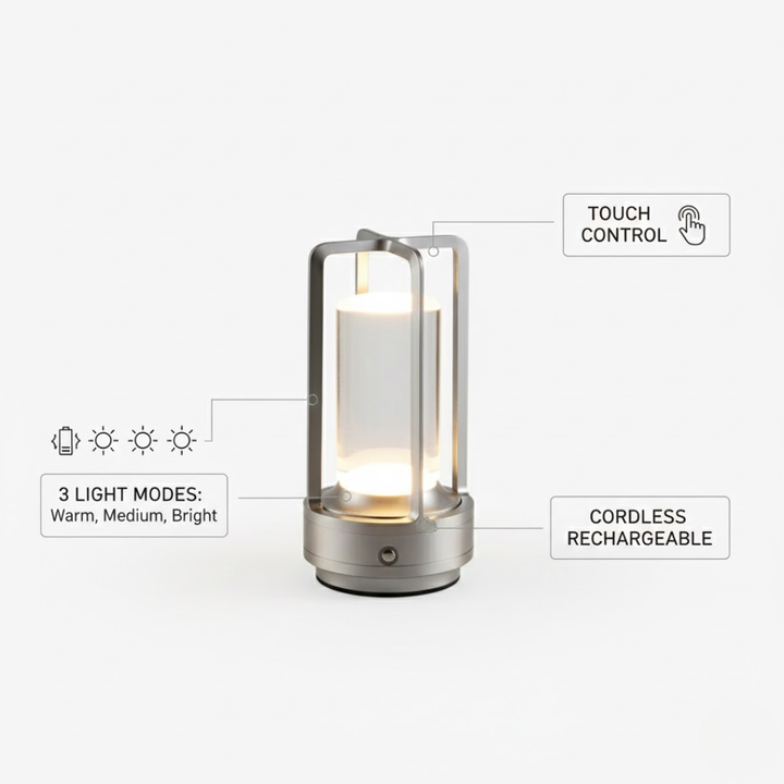 Hyggebelysning fra guld LED bordlampe, trådløs og dæmpbar, med moderne touch. Bærbar indendørs.