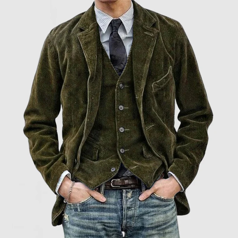 Elegant herre jakke og vest sæt i klassisk sort. Perfekt til formelle anledninger og alsidig herremode.