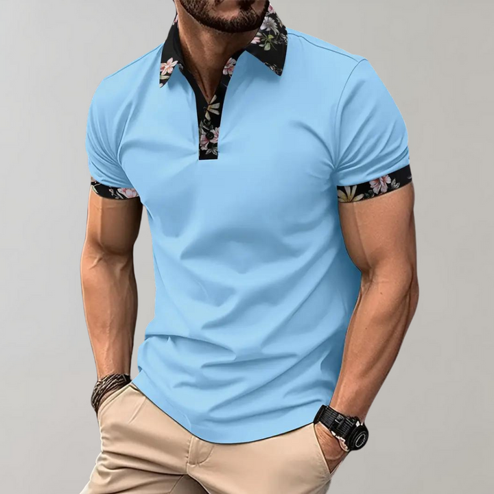 "Elegant herre poloshirt med blomsterkrave og manchetter, slank pasform, perfekt til både casual og formelle lejligheder."