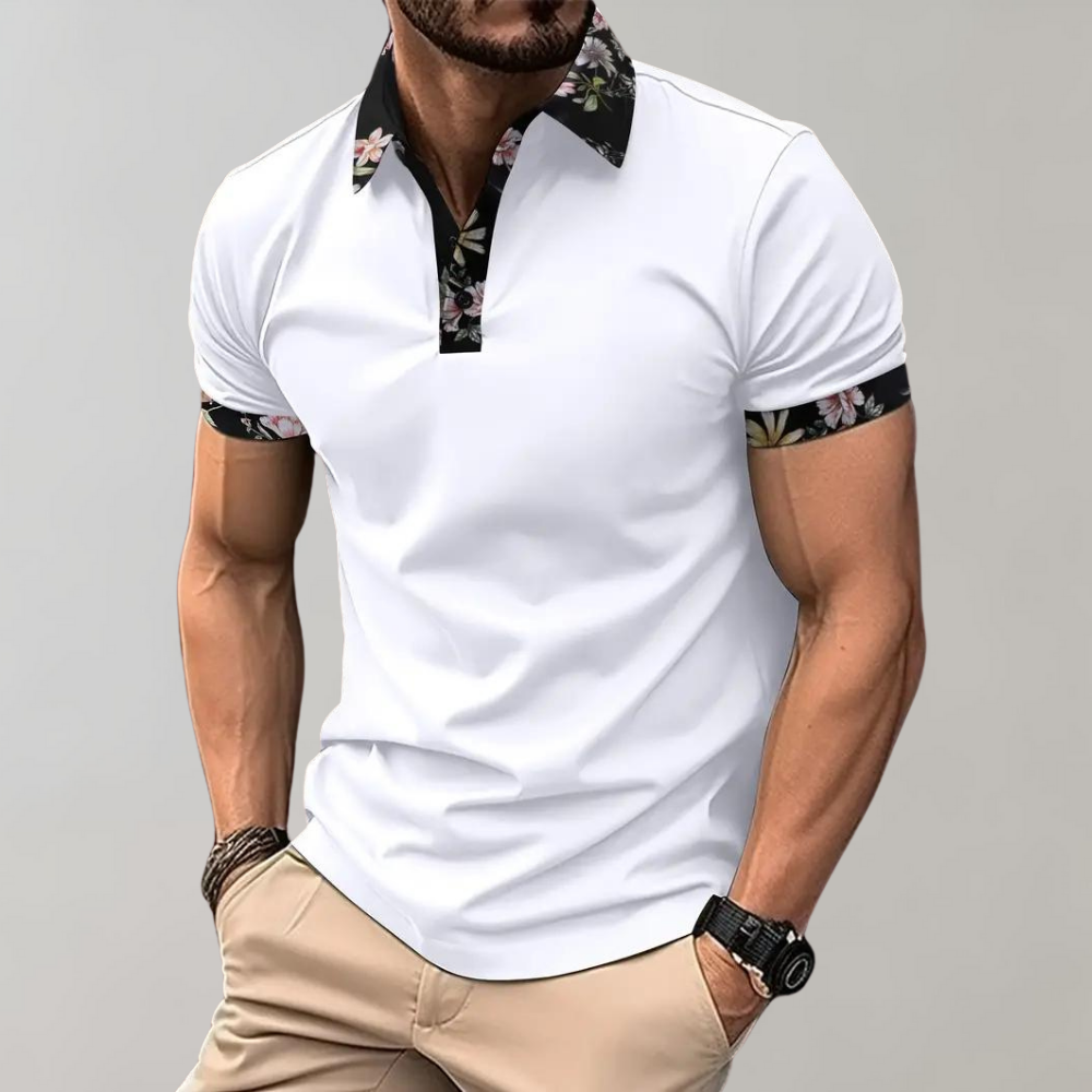 "Elegant herre poloshirt med blomsterkrave og manchetter, slank pasform, perfekt til både casual og formelle lejligheder."