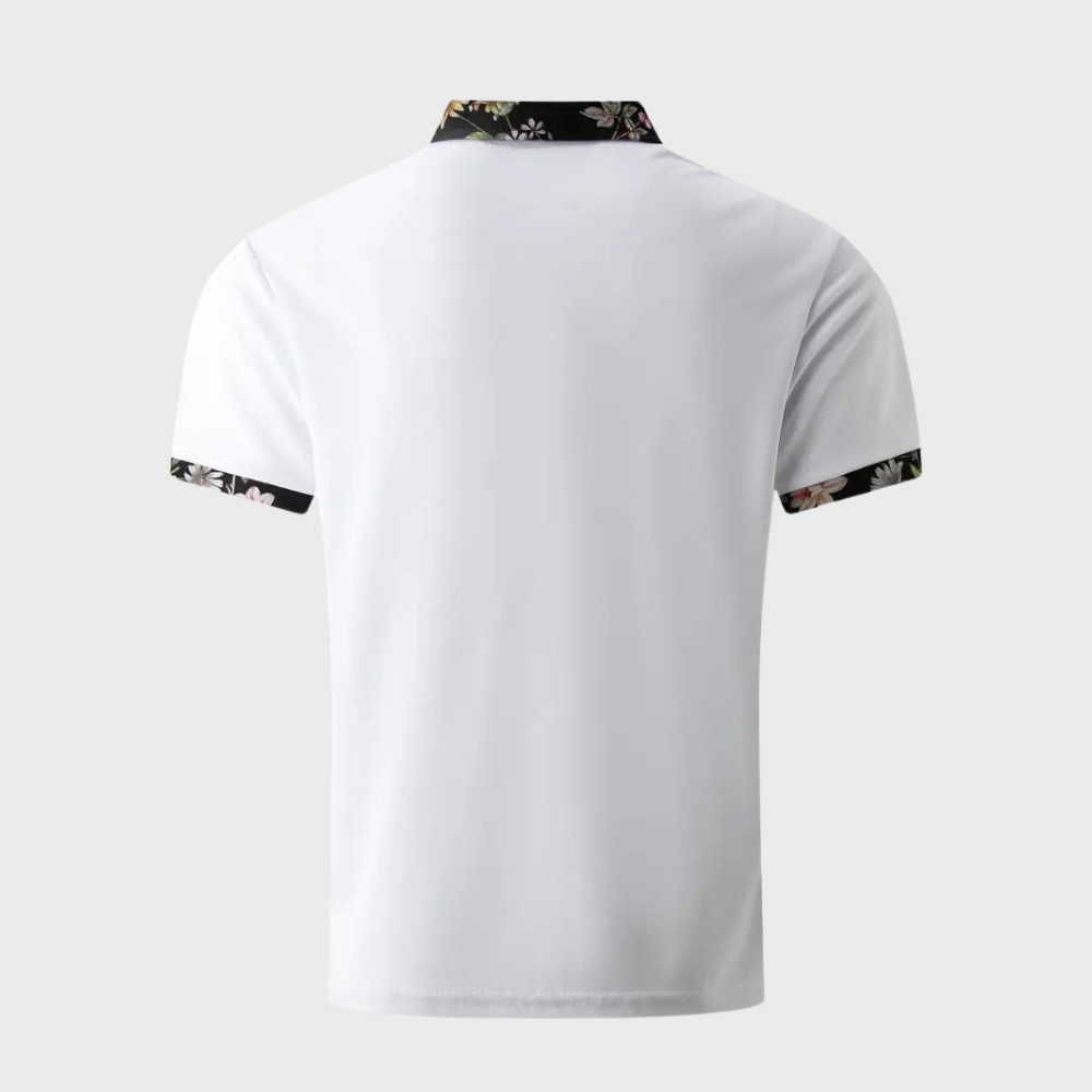 "Elegant herre poloshirt med blomsterkrave og manchetter, slank pasform, perfekt til både casual og formelle lejligheder."