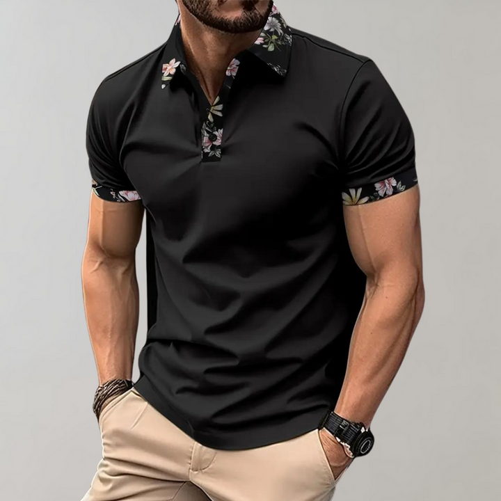 "Elegant herre poloshirt med blomsterkrave og manchetter, slank pasform, perfekt til både casual og formelle lejligheder."