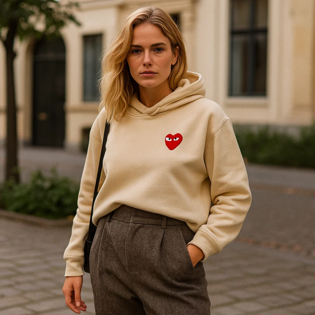 Chic hjerte sweater. Trendy dametøj, en elegant pullover der kombinerer stil og komfort til hverdag.