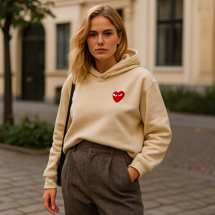 Chic hjerte sweater. Trendy dametøj, en elegant pullover der kombinerer stil og komfort til hverdag.