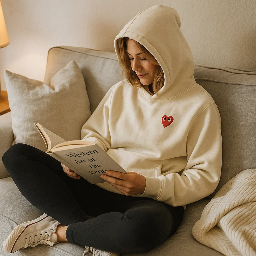 Moderne kvindesweater med hjerteprint. Elegant og behagelig for et stilfuldt hverdagsoutfit.