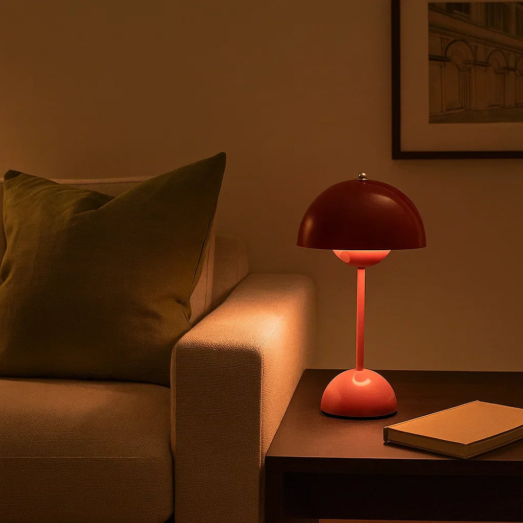 Hvid minimalistisk bordlampe med intuitiv touchfunktion og blødt dæmpbart lys til afslapning.