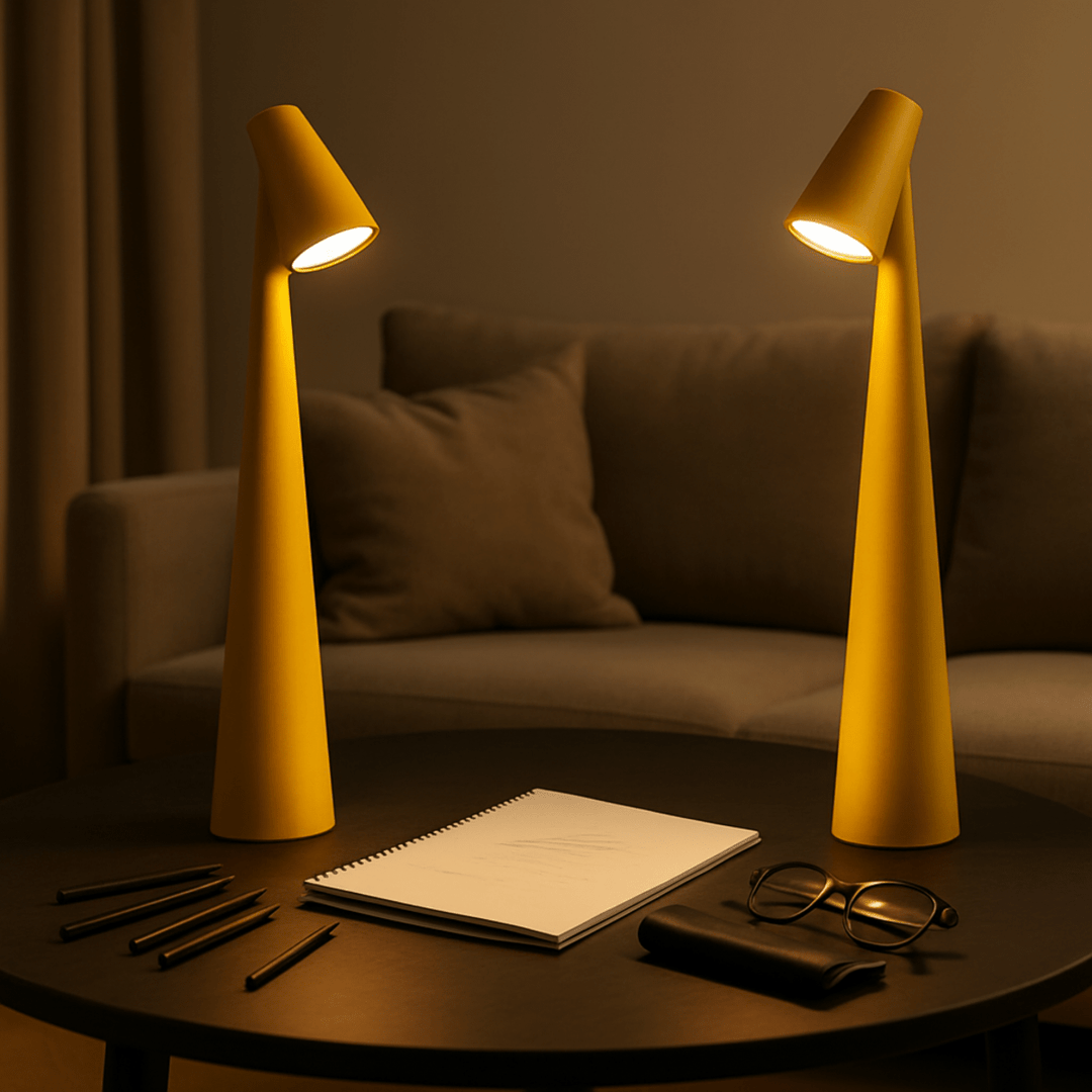 Stilren kordeløs lampe til moderne indretning; skaber hygge med sit varme LED lys.