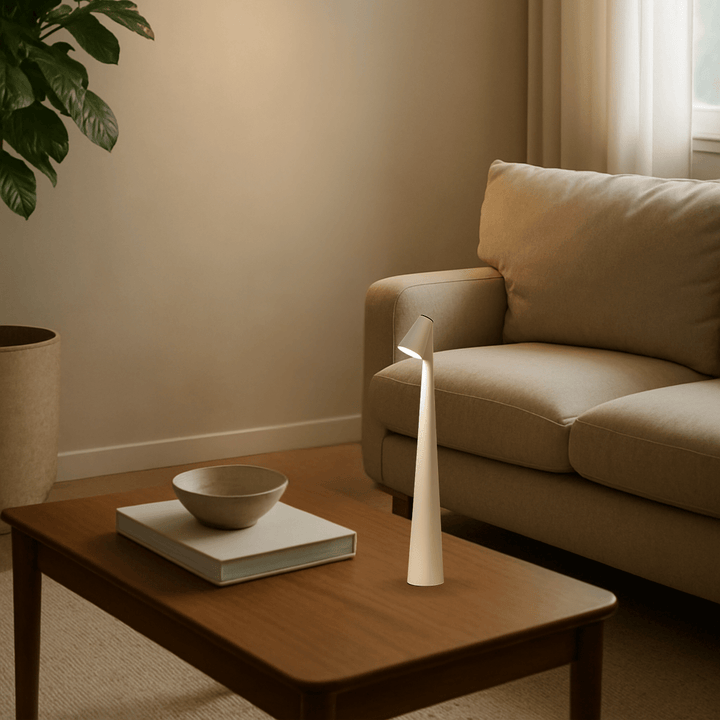 Genopladelig bordlampe med justerbart lys, perfekt til både indendørs og udendørs brug.
