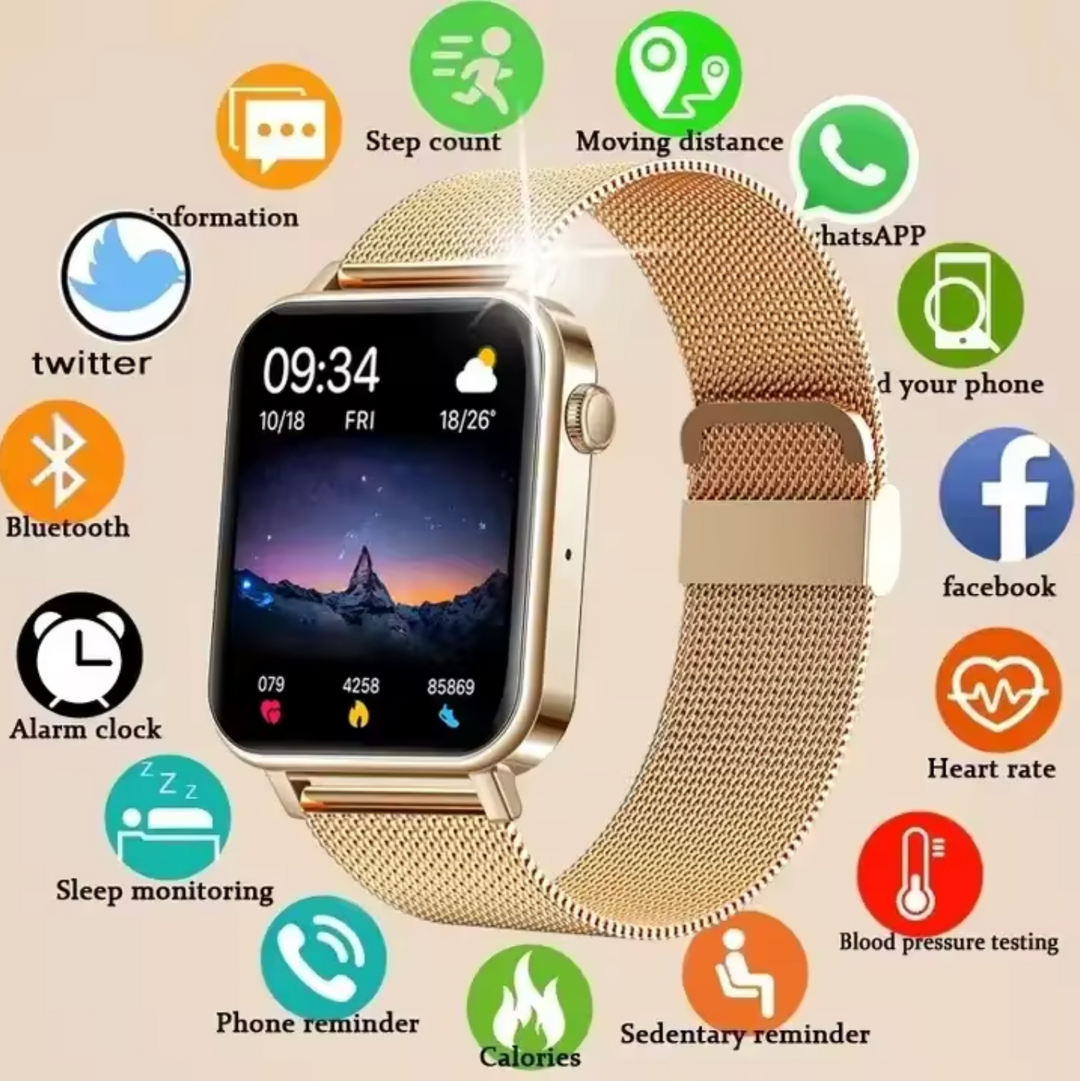 Smartwatch til kvinder med udskiftelige remme, f.eks. sølv mesh og silikone, for varierende stil.