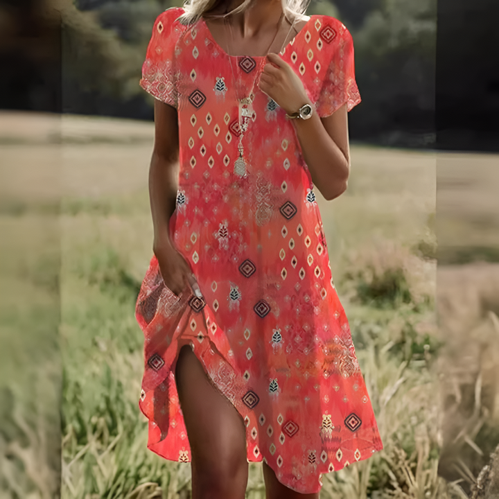 Kvinder sommer midikjole med taljebånd. Luksuriøs, elegant og komfortabel. Perfekt festkjole eller hverdagskjole.