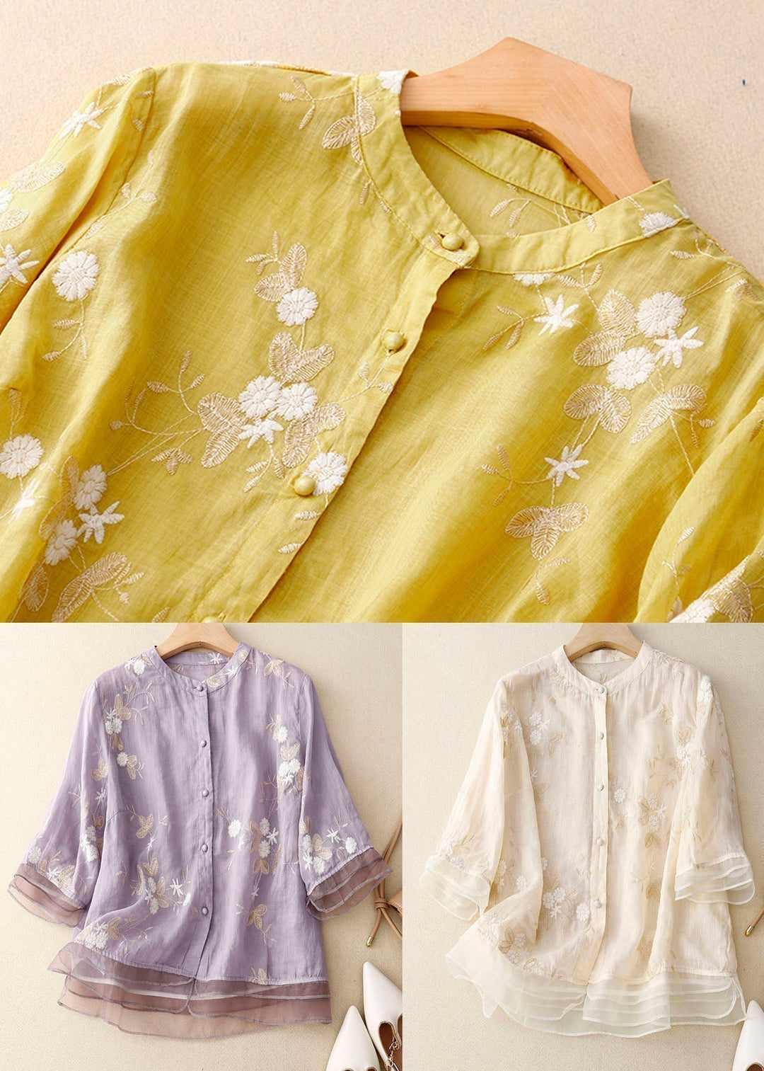 Bluse til kvinder med udsøgt blomsterbroderi, elegant design og komfortabel løs pasform.