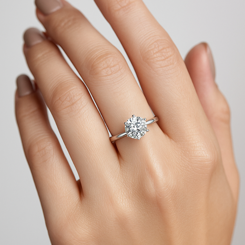 Nærbillede af glitrende kvindering med elegant diamant-look, et festligt og stilfuldt tilbehør til fingeren.