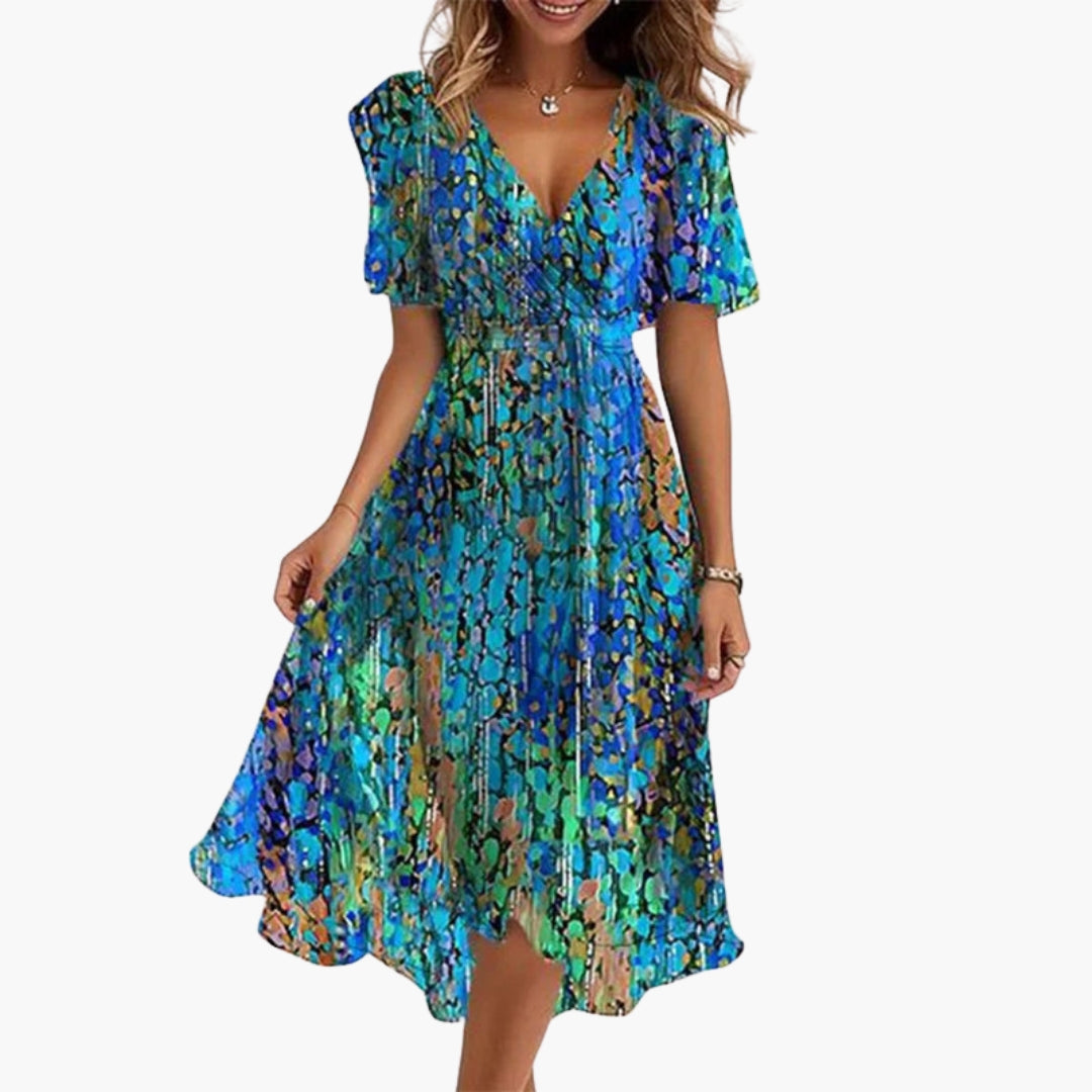 Elegant kvinders blomstret midi kjole med V-hals og smukke flæseærmer til sommer.