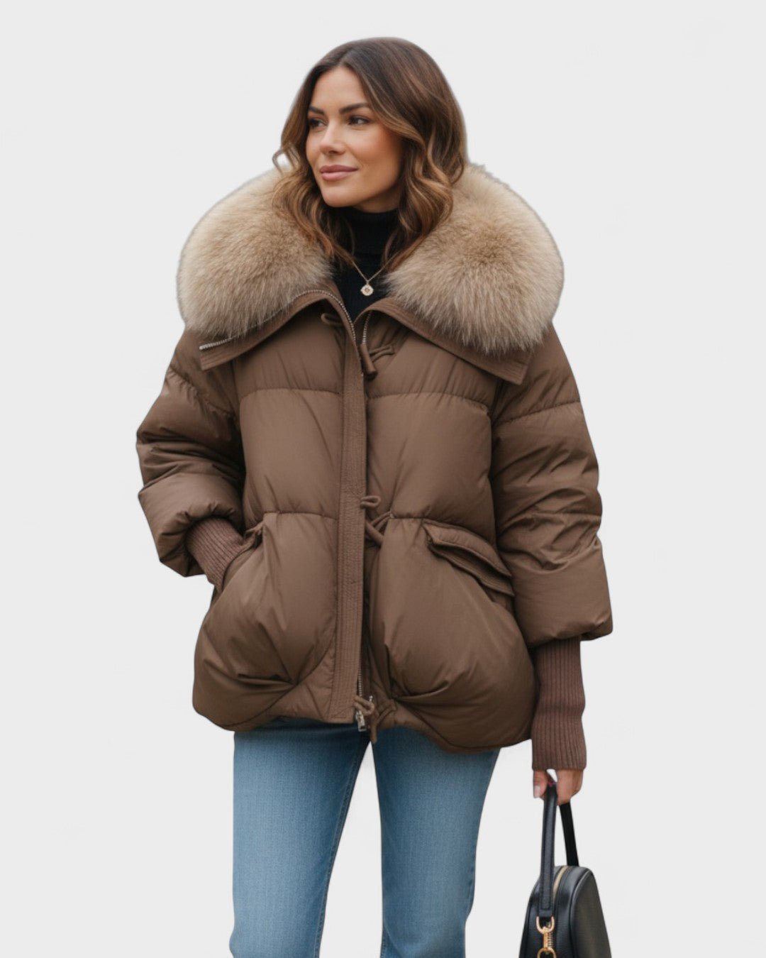 Elegant kvindevinterfrakke med luksuriøst pelsfor; varm og stilfuld damejakke, perfekt til vinter.