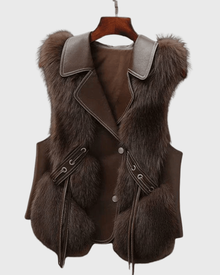Premium lædervest til kvinder; elegant design i beige, chokolade eller marineblå. Tidløs mode.