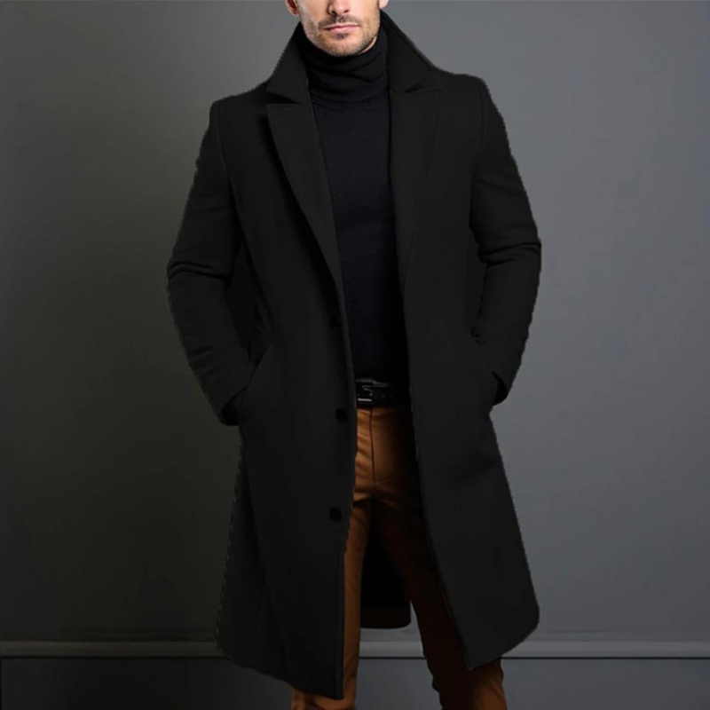 Elegant lang mænds vinterfrakke. Stilfuld og varm herrefrakke til business & afslappet brug. Klassisk design.