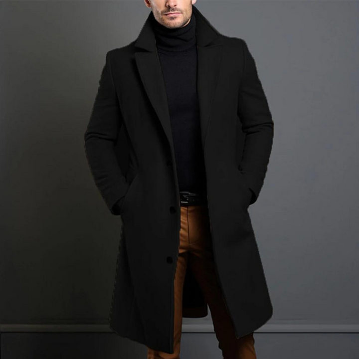 Elegant lang mænds vinterfrakke. Stilfuld og varm herrefrakke til business & afslappet brug. Klassisk design.