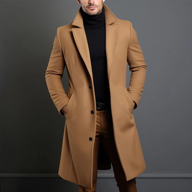 Varm og elegant lang herrevinterfrakke, perfekt til at holde kulden ude med stil. Tidløs herremode overtøj.