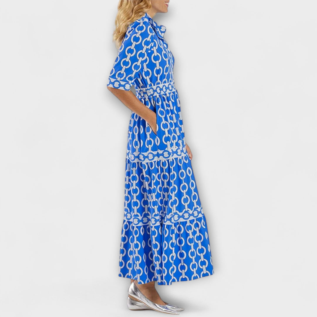 Alsidig kvindekjole, elegant midi kjole med flot kædemønster, kan bruges til fest og hverdag hele året.