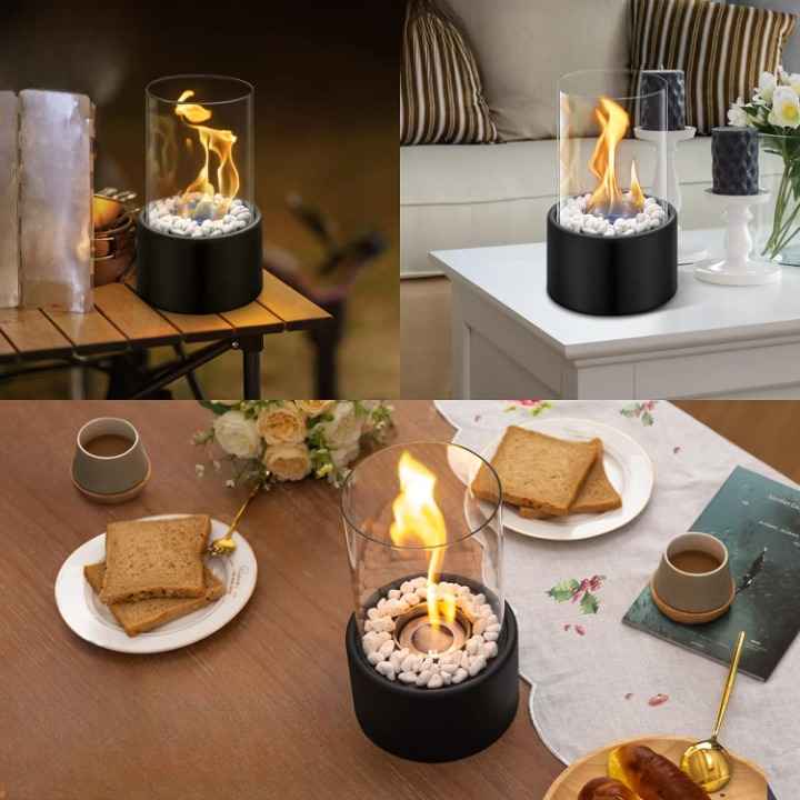 "Elegant moderne bordpejs i glas og metal med levende flamme, perfekt til hyggelige hjem og moderne indretninger."
