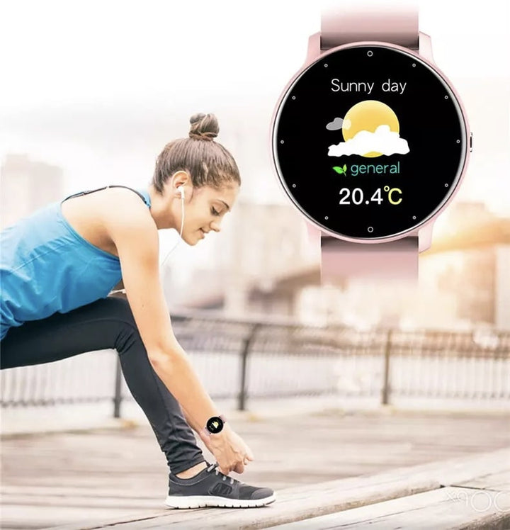 "Elegant og let smartwatch til iOS/Android, vandtæt design, til sport og hverdag, sort urrem og rund skærm."