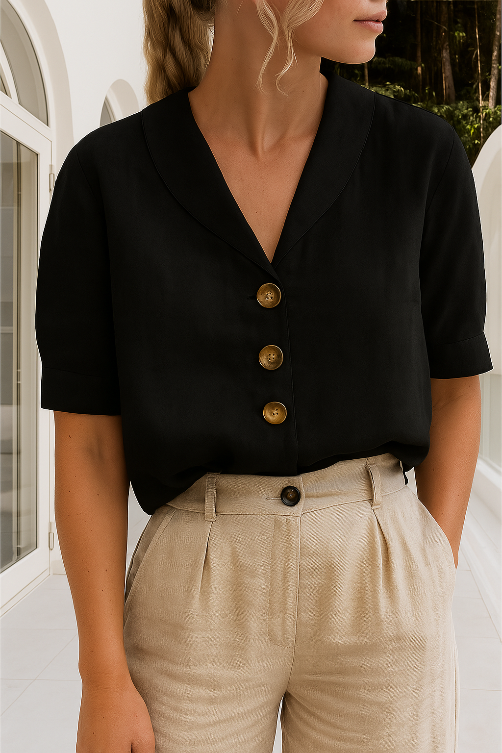 Klassisk komfortabel kvindebluse med omslag, ideel som arbejdsbluse eller elegant fritidsbluse.