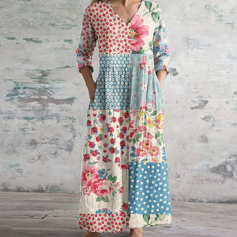 Elegant retro maxi kjole til kvinder med vintage blomsterprint. Perfekt til sommerfester.