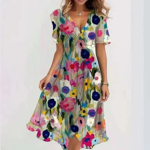 Smuk blomstret slå-om kjole i midi længde. Denne elegante kvindekjole med V-udskæring er perfekt til sommer.
