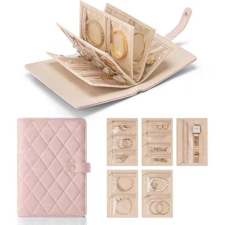 Beige smykkeorganiser i elegant PU-læder. Ideel opbevaring til dine smykker, fra øreringe til ringe.