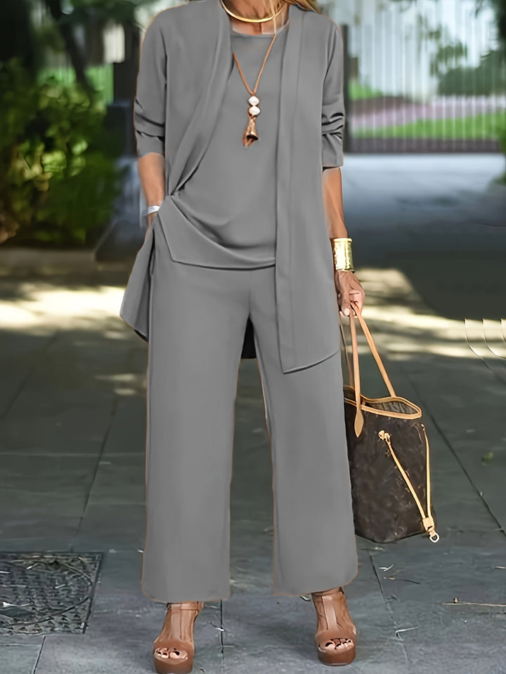 Kvinders Sofia sæt med lang cardigan, løs top og vidde bukser til elegant hverdagsbrug