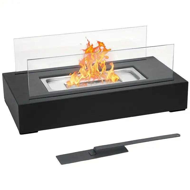 "Elegant sort bioethanol udendørspejs i rustfrit stål, dimensioner 35x18x14 cm, skaber hygge og varme i haven."