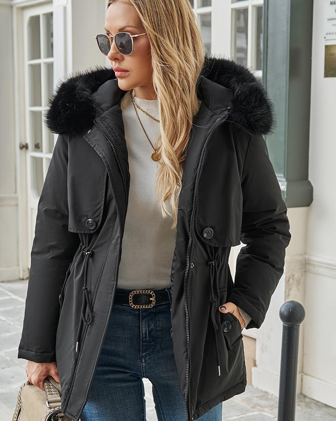 Alsidig sort dame vinterjakke med varm faux fur hætte, perfekt til udendørs aktiviteter og hverdagsbrug.
