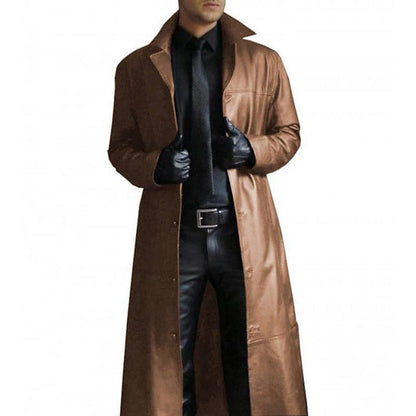 Brun herre trenchcoat, film-inspireret lang jakke. Perfekt til gothic/cyberpunk stil, med høj krave og knapper.
