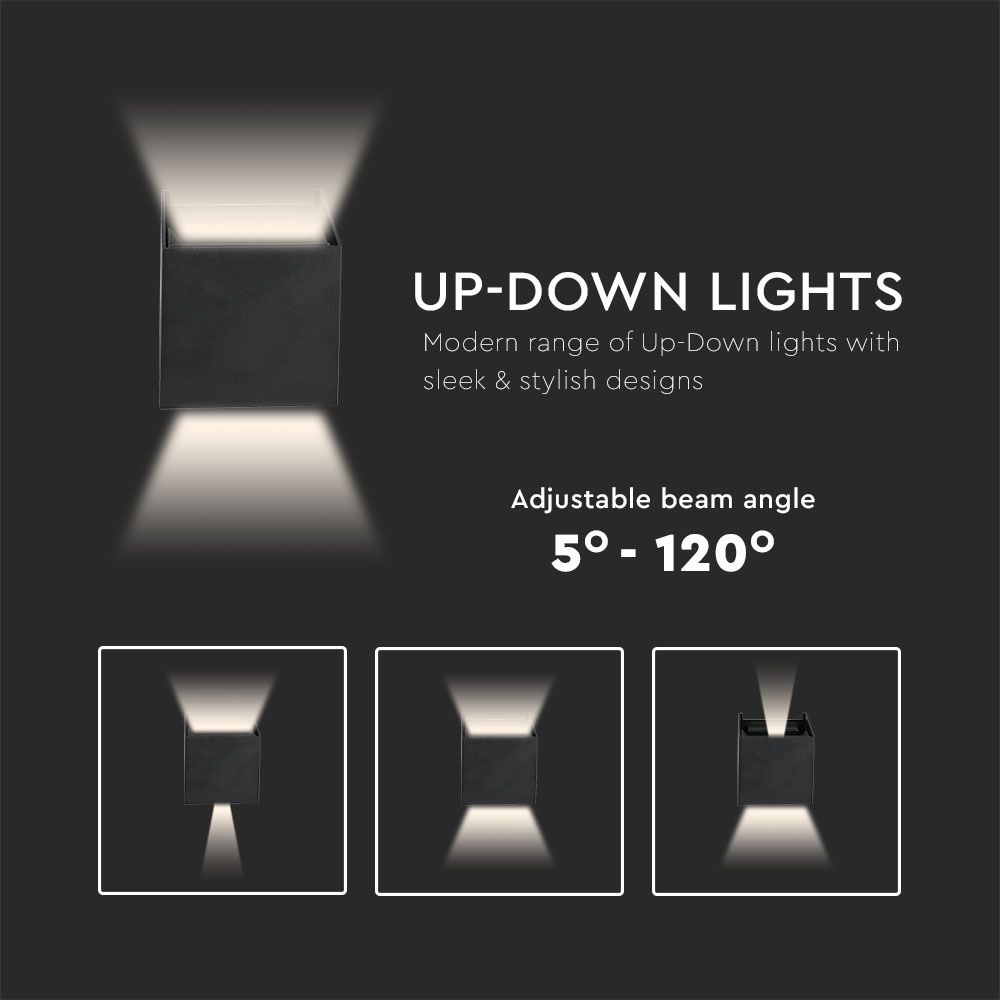 "Elegant sort udendørs LED væglampe, IP65, 6W med justerbar dobbeltlysstråle for facade og terrasse belysning."
