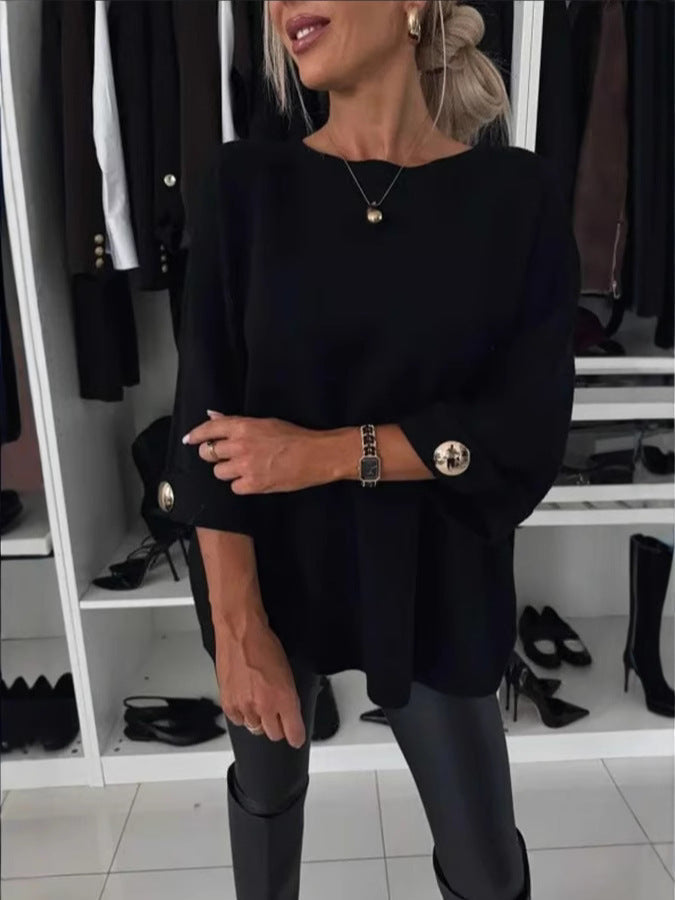 Moderigtig strikbluse for kvinder. Elegant løs pasform og lange ærmer, velegnet til stilfuld hverdag og komfort.