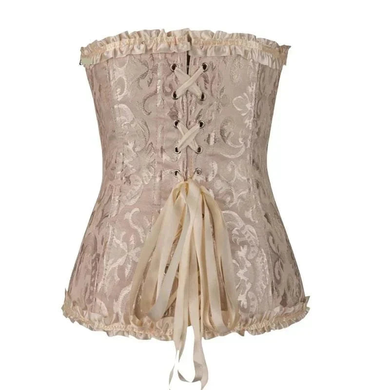 "Elegant stropløst korset med blonder og brokade, sødheart-udskæring, feminint design, fremhæver kvindelige kurver."