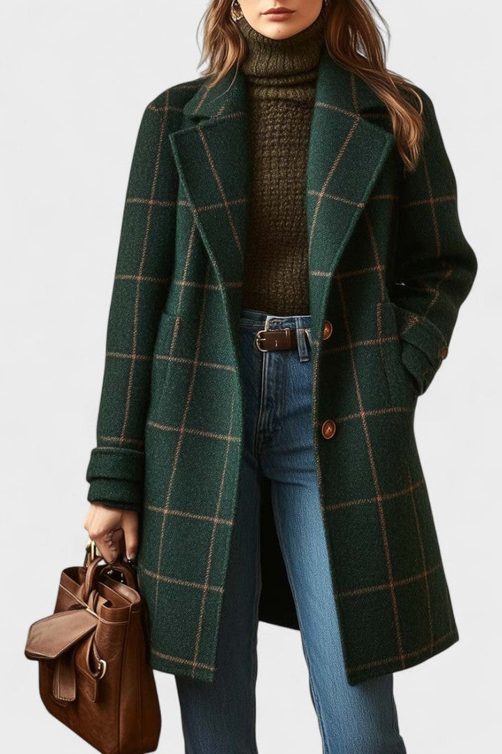 Stilfuld kvinders ternet tweedfrakke. Elegant og klassisk damefrakke, perfekt overtøj til efterår/vinter.