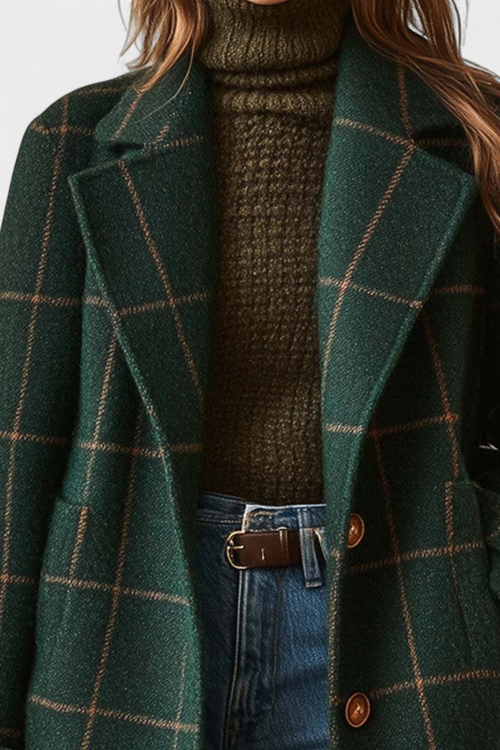 Elegant kvinders ternet tweedfrakke. Tidløs, klassisk damefrakke perfekt til modebevidste kvinder i efterår/vinter.