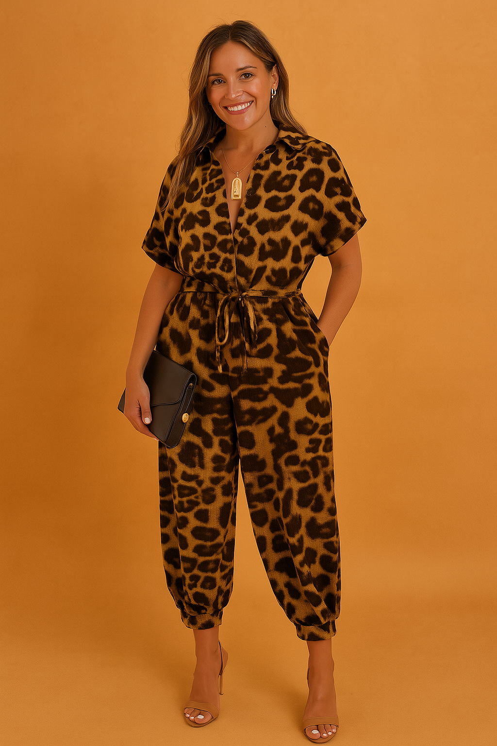Chic todelt damesæt med jumpsuit-effekt, der kombinerer elegance og komfort. Fås i brun.