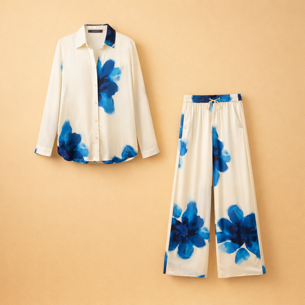 Stilfuldt todelt damesæt med blomsterprint. Komfortabelt kvindetøj, perfekt som elegant fritidssæt til sommer.