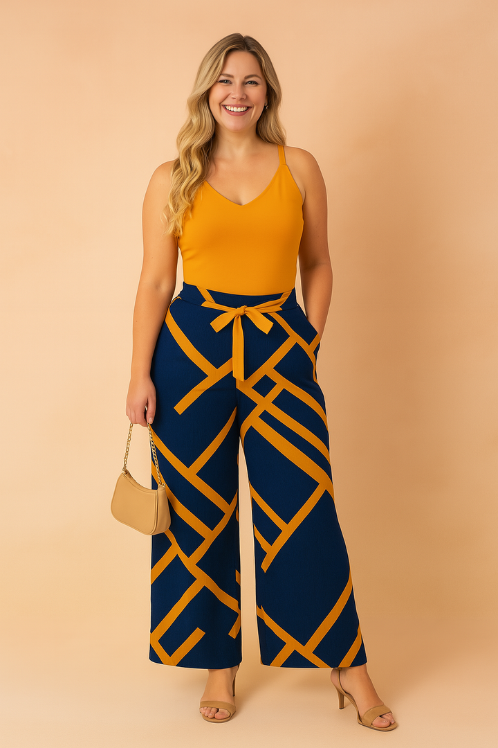 Alsidigt todelt sæt for kvinder med vide ben og et markant bælte. Passer til både casual og elegant look.