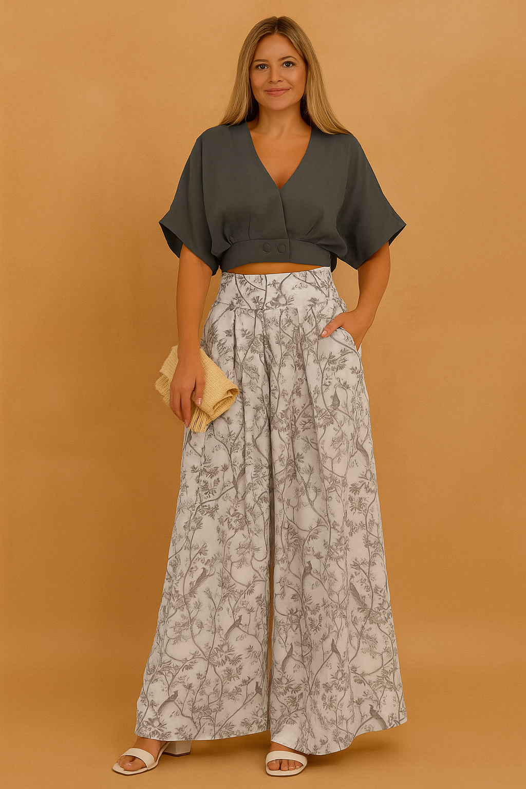 Trendy kvinders koordinerede sæt: Stilfuld bluse og vide palazzobukser for et elegant og alsidigt sommerlook.