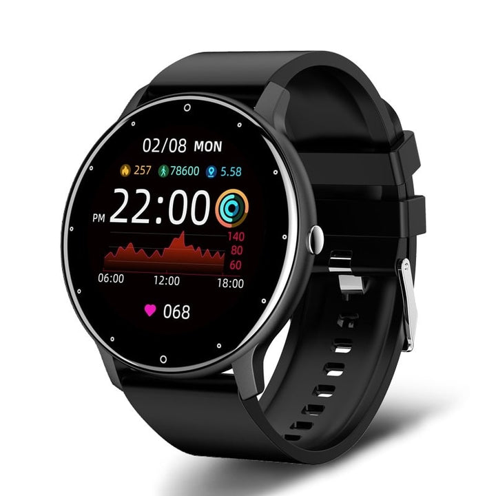 "Elegant vandtæt smartwatch, IP67-certificeret, med sort silikonebånd, sundhedsovervågning og 1,28-tommers skærm."