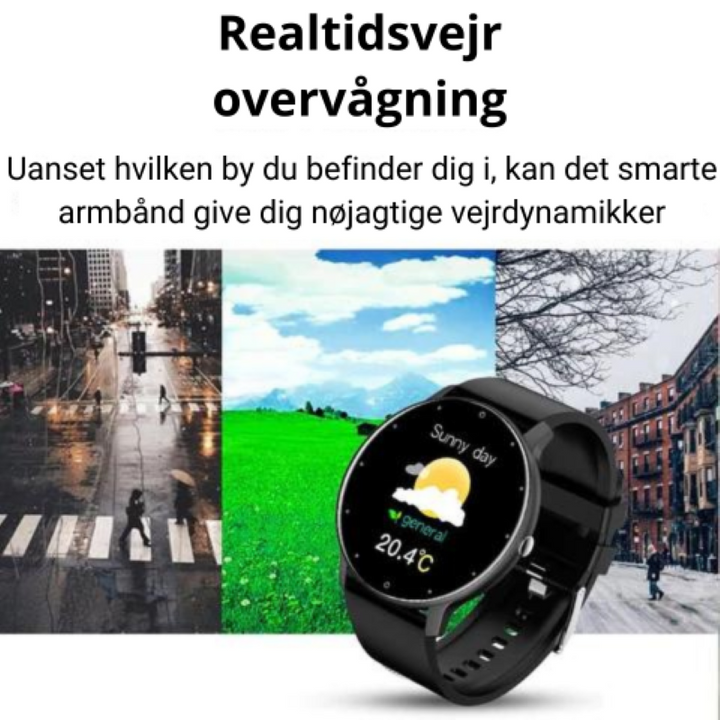 "Elegant vandtæt smartwatch, IP67-certificeret, med sort silikonebånd, sundhedsovervågning og 1,28-tommers skærm."
