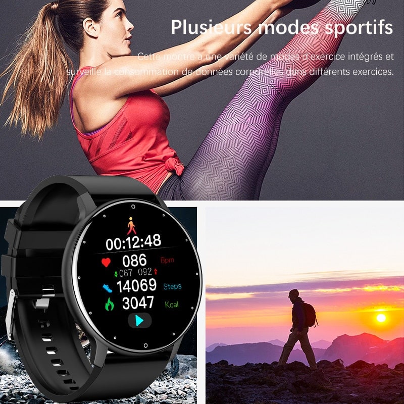 "Elegant vandtæt smartwatch, IP67-certificeret, med sort silikonebånd, sundhedsovervågning og 1,28-tommers skærm."