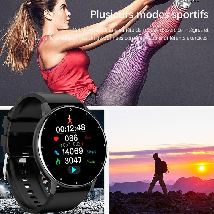 "Elegant vandtæt smartwatch, IP67-certificeret, med sort silikonebånd, sundhedsovervågning og 1,28-tommers skærm."