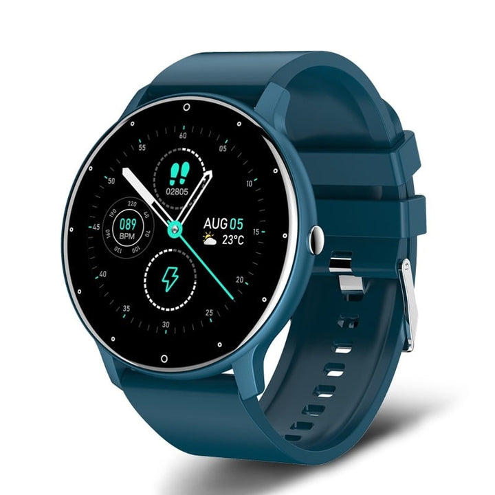 "Elegant vandtæt smartwatch, IP67-certificeret, med sort silikonebånd, sundhedsovervågning og 1,28-tommers skærm."