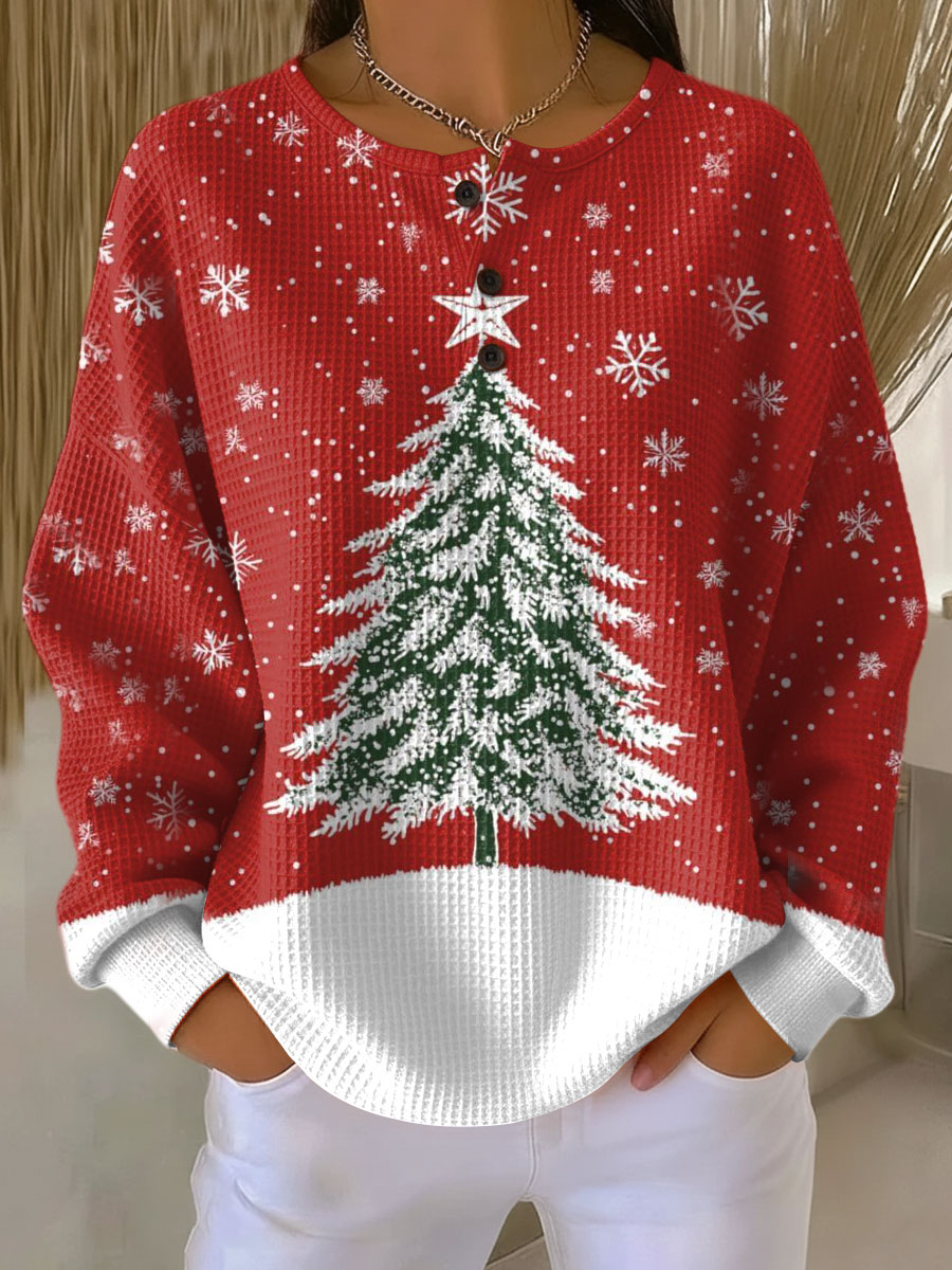 Elegant, varm vaffelstrikket damesweater; komfortabel langærmet strik perfekt til efterår og vinter.